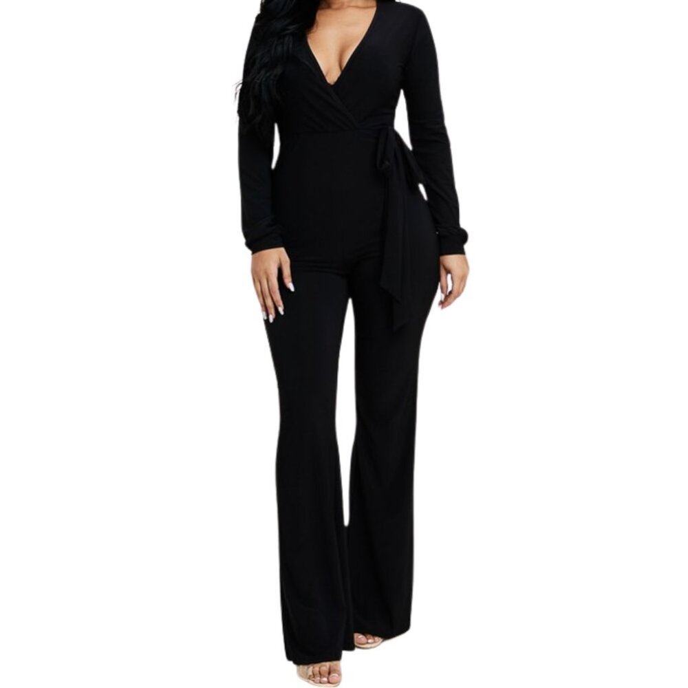 Black Long Bell Sleeve Casual Vneck Plus Jumpsuit